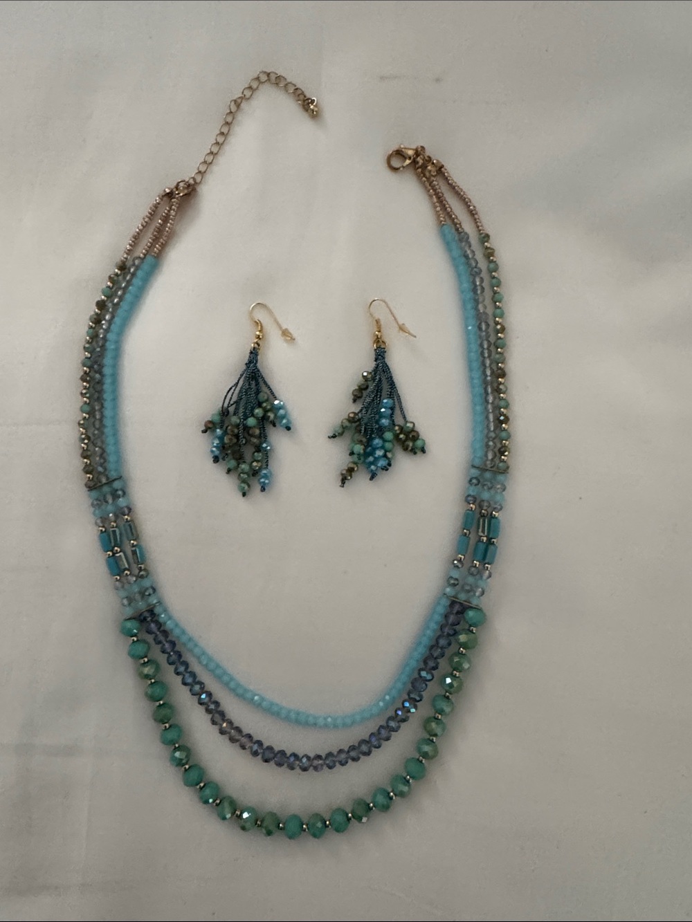 Handmade Turquoise & Teal Multi-Strand Beaded Necklace with Coordinating Earring